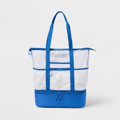 Beach Tote Bag with Zipper Bottom Tan Stripe / Navy - Sun Squad