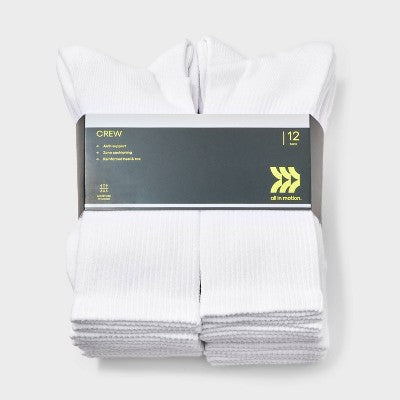 Men's New 12pk Value Crew Socks - All In Motion White 6-12