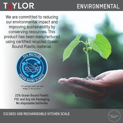 Taylor 11lb Digital Kitchen Food Scale USB with Ocean Bound Plastic Cream: Rechargeable LCD Display, 11lb Capacity