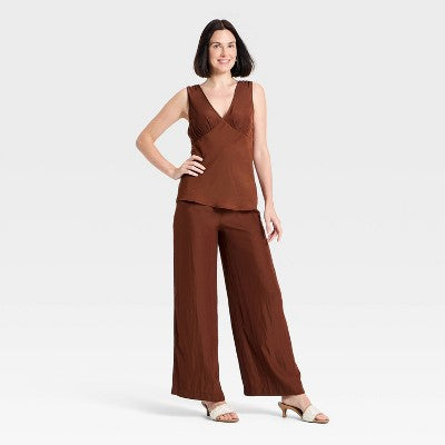 Women's Satin V-Neck Tank Top - A New Day Brown XS