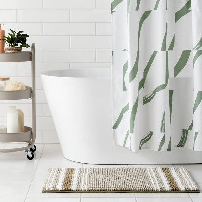 20"x34" Low Chenille Memory Foam Bath Rug Green Striped - Threshold