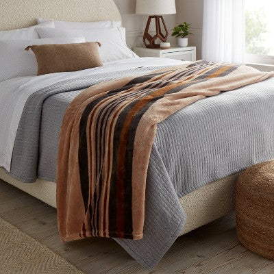 King Microplush Blanket Khaki Border Stripe - Threshold