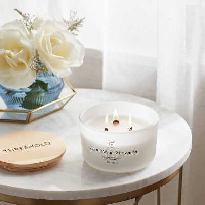 3-Wick Milky Glass Wooden Wick Coastal Wind and Lavender Jar Candle 13oz - Threshold
