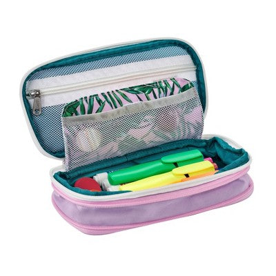 Expandable Pencil Pouch Pink with Green Palms- It's Academic: LockerMate Zipper Case for Girls, Polyester, 9.25"x4.5"