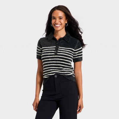 Women's Short Sleeve Polo Collar Fuzzy Polo T-Shirt - A New Day Black Striped M