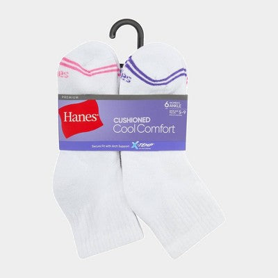 Hanes Premium Women's 6pk Cool Comfort Cushioned Ankle Socks - White 5-9