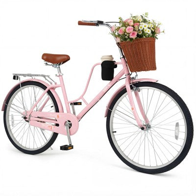 Gymax 26-Inch Beach Cruiser Bike w/Adjustable Seat Woven Basket & Rear Rack for City (LOCAL PICKUP ONLY)
