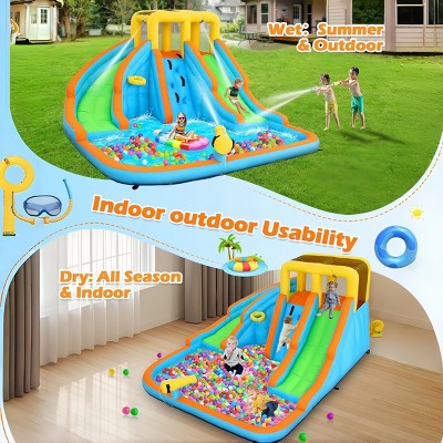 AS IS (slightly used) 141.3" x 126.4" x 81.9" 11-in-1 Inflatable Water Slide Park for Kid 3-12 w/2 Water Slides|550W Blower|5 Toys|Splash Pool|Climb Wall In/Outdoor (LOCAL PICKUP ONLY)