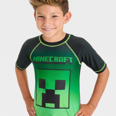 Boys' Minecraft Rash Guard Top Green UPF 50+ Swimwear SIZE M