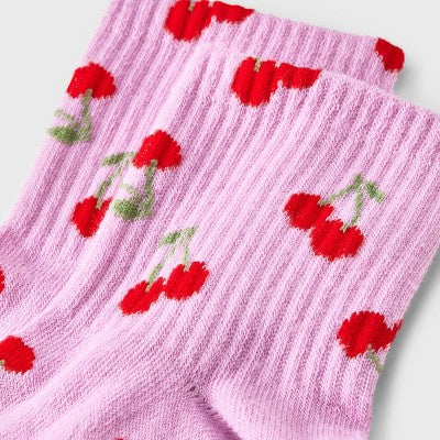 Women's Cherries Ribbed Ankle Socks - Pink/Red 4-10: Lightweight, Banded Cuff, Recycled Polyester