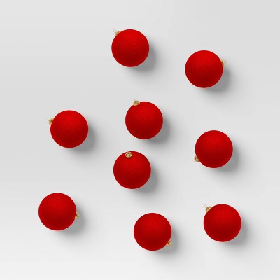 9ct 80mm Christmas Flocked Ball Ornament Set Red - Wondershop
