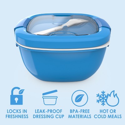 Bentgo Salad Stackable Lunch Container with Large 54oz Bowl, 4-Compartment Tray & Built-In Fork - Blue