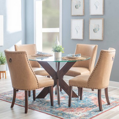 Axbridge Nailhead Trim Side Chair Faux Leather Tan - Powell: Set of 2, Upholstered, Wood Legs (LOCAL PICKUP ONLY)