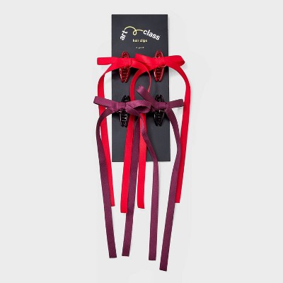 Girls' 4pk Long Tail Satin Bow Claw Clip Set - art class Maroon/Red