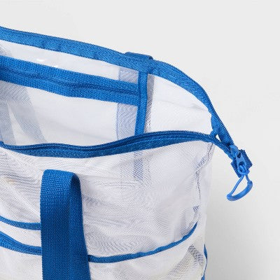 Beach Tote Bag with Zipper Bottom Tan Stripe / Navy - Sun Squad