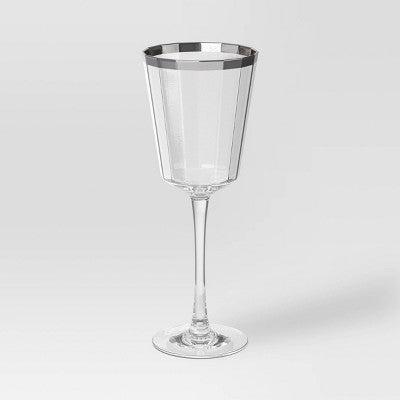 9.1 fl oz Faceted Stemmed Wine Glass Silver Rimmed Clear - Threshold