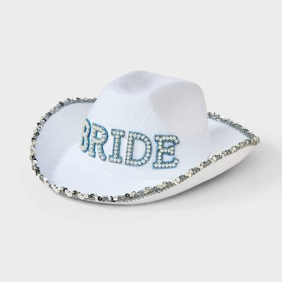 "Bride" Pearl Rhinestone Cowboy Hat - White/Blue
