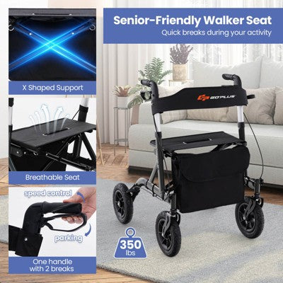 Costway Foldable Height Adjustable Rollator Walker with Seat, Storage Bag for Seniors Black (LOCAL PICKUP ONLY)