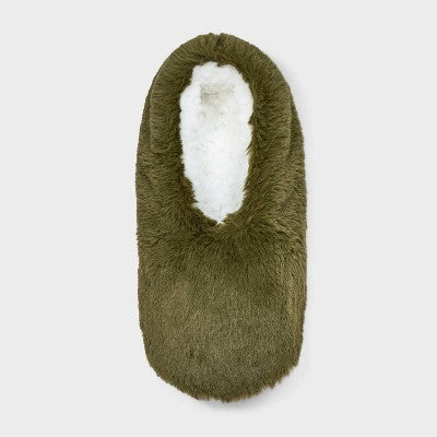 Women's Faux Fur Cozy Pull-On Slipper Socks with Grippers - Auden Olive Green M/L