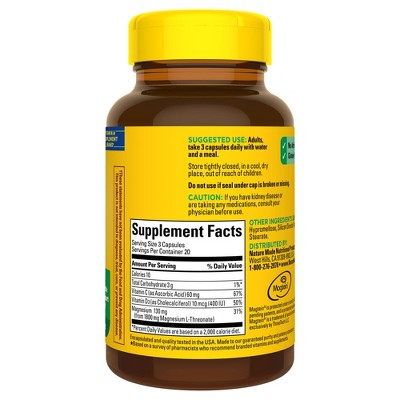 Nature Made Magnesium L-Threonate With Vitamin C & D3 Capsules - 60ct: Gluten-Free, No Artificial Flavors Supplement