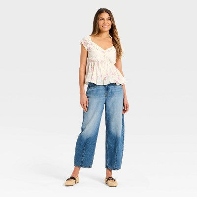 Women's Puff Short Sleeve Pintuck V-Neck Blouse - Universal Thread Cream Floral M