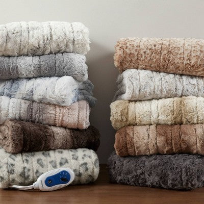 Beautyrest Marselle 50"x70" Oversized Faux Fur Electric Heated Throw Blanket Gray/Blue: Oversized, Machine Washable