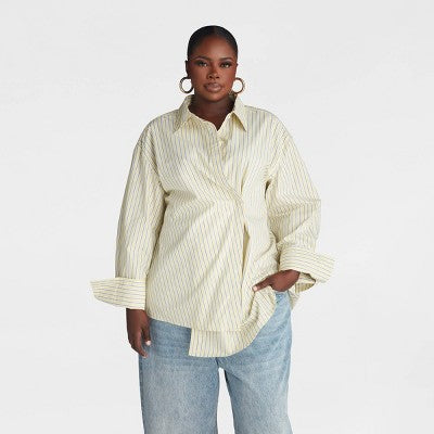 KBB by KAHLANA Women's 'The Wrap Shirt' - Yellow Striped XXL