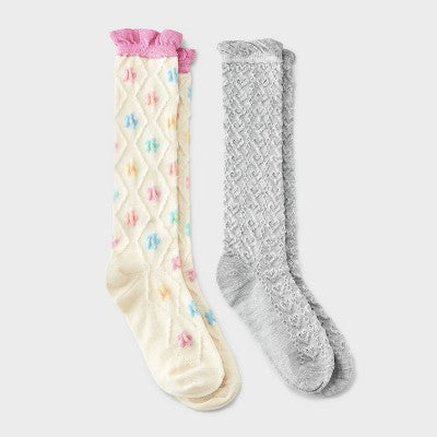 Girls' 2pk Textured Floral & Hearts Ruffle Knee High Socks - Cat & Jack Ivory M