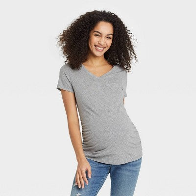 Short Sleeve V-Neck Side Shirred Maternity T-Shirt M