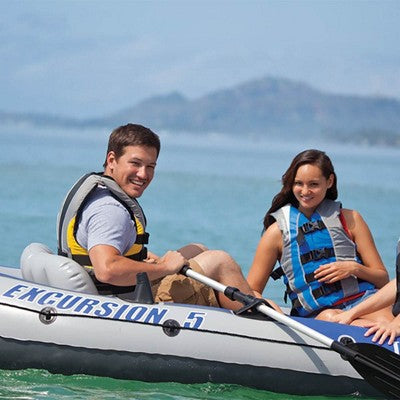 INTEX 68325EP Excursion 5 Inflatable Boat Set: Includes Deluxe 54in Boat Oars and High-Output Pump – Adjustable Seats with Backrest – Fishing Rod (LOCAL PICKUP ONLY)