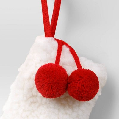 8.5" Faux Shearling Mini Christmas Stocking with PomPoms White/Red - Wondershop