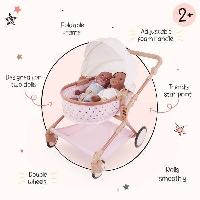 LullaBaby Double Stroller Pink Carriage with Golden Star Print