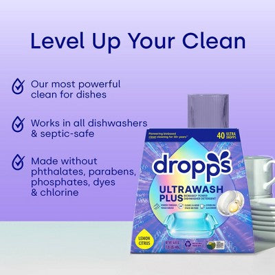 Dropps Dish UltraWash Plus Biobased Detergent Pods - Lemon Citrus - 40ct