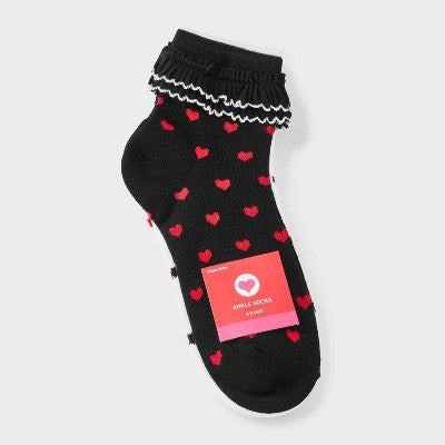 Women's Valentine's Day Ruffled 3pk Ankle Socks - Black/White/Red 4-10