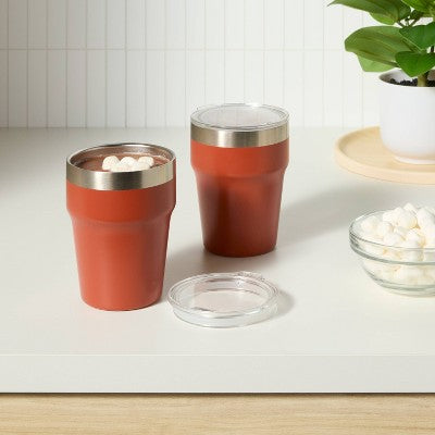 12oz 2pk Stainless Steel Stacking Short Tumbler with Lid Red - Room Essentials