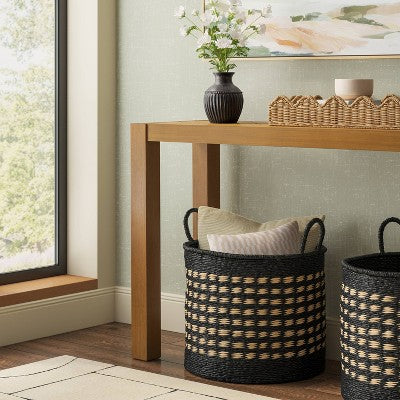16" Pattern Woven Decorative Basket with Curved Handle Black/Natural - Threshold