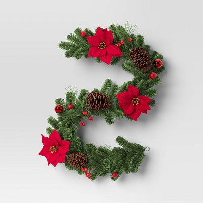 6' Cedar with Poinsettia Flowers and Pinecones Christmas Artificial Garland - Wondershop: Traditional Decor, Indoor/Sheltered Outdoor Use (LOCAL PICKUP ONLY)