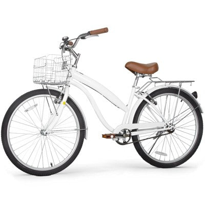Hykolity 26 Inch Cruiser Beach Bike Commuter Bicycle for Adult Women Men City Bikes with Basket Comfort Saddle Rear Rack White (LOCAL PICKUP ONLY)