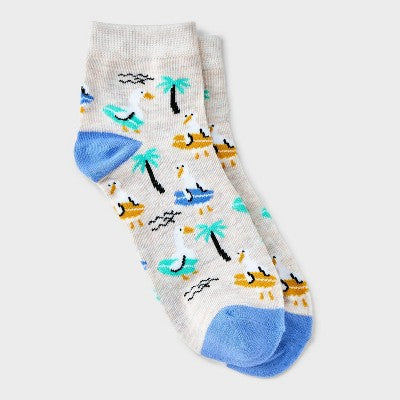 Women's Surfing Geese Ankle Socks - Oatmeal Heather/Blue 4-10: Lightweight Ribbed Fabric, Banded Cuff