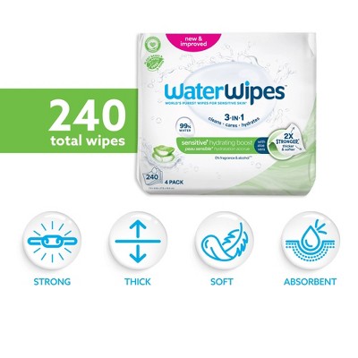 WaterWipes Sensitive+ Hydrating Boost Wipes, 3-In-1 Cleans, 99% Water with Aloe Vera, Unscented & Hypoallergenic Baby Wipes - 240ct