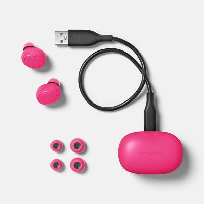 True Wireless Bluetooth Sweat Resistant Earbuds - heyday Hot Pink: USB-C, 20h Battery