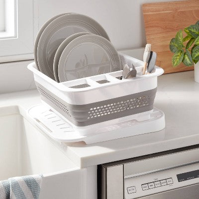 Plastic Collapsible Dish Rack with Drip Tray White - Brightroom: Freestanding Drying Rack with Drain Board