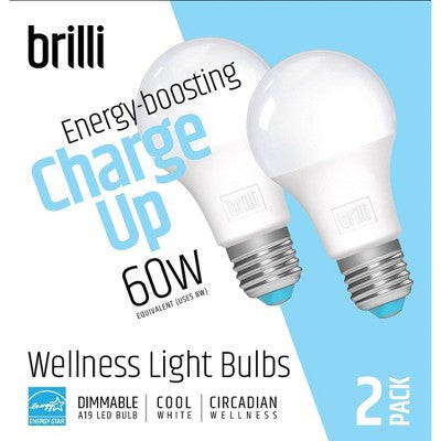Brilli 2pk A19 60W Charge Up Energy-Boosting Dimmable LED Light Bulbs White