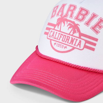 Girls' Barbie California Trucker Hat - Pink: Adjustable Snapback, Midweight Twill, Typography Pattern, Machine Washable