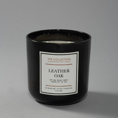 2-Wick Black Glass Leather Oak Lidded Jar Candle 12oz - The Collection by Chesapeake Bay Candle