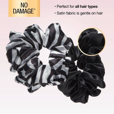 scunci Classic Chic Large Satin Scrunchies - Black/Zebra Print - All Hair - 2pcs