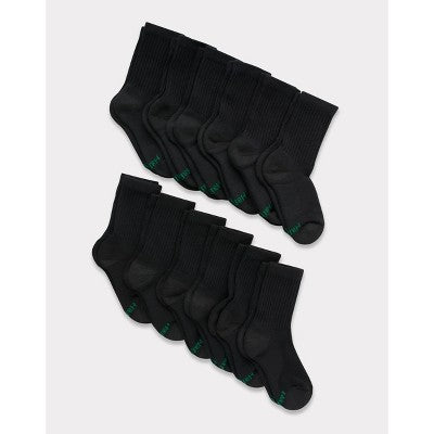Hanes Boys' 12pk Cushioned Crew Socks - Black S: Moisture Wicking, Tagless, Knit Fabric
