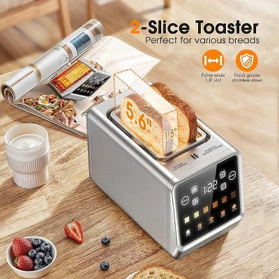 Teendow 900W Stainless Steel 2-Slice Digital Toaster with Touchscreen, Extra-Wide Slots, 5 Bread Settings & 6 Shade Options