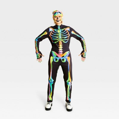 Adult Blacklight Responsive Color Melt Skeleton Halloween Costume Jumpsuit with Beanie M - Hyde & EEK! Boutique