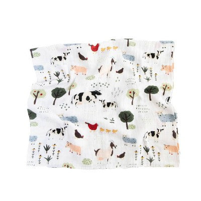 Red Rover Organic Cotton Muslin Swaddle Blanket - Family Farm - 2pk: Animal Prints, 44" x 44"